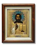 maker's mark in Cyrillic 'SG', Moscow by Icon of Christ Pantocrator, 1894, realistically painted, in a repoussé, chased oklad, sold Sep 2024