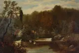 William Mellor, Two swans on a lake, outside a cottage
