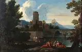 Giovanni Francesco Grimaldi, An Italianate landscape with figures before a town beside a river, oil on canvas
