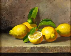 Carle Shi, Lemons on a Marble Table, oil on board