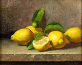 Carle Shi, Lemons on a Marble Table, oil on board