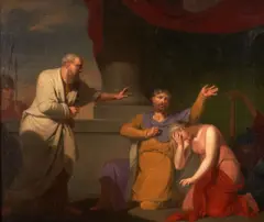 Gustaf Erik Hasselgren, A Scene from Classical History with Three Figures, a Lyre, and a Soldier Looking On, oil on canvas