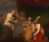 Gustaf Erik Hasselgren, A Scene from Classical History with Three Figures, a Lyre, and a Soldier Looking On, oil on canvas