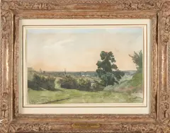 Henri Harpignies, Landscape in St. Fargeau, watercolor on paper