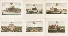 Willem Swidde, A Group of Six Hand-Colored Engravings of Castles from Suecia Antiqua et Hodierna, hand-colored engravings on laid paper