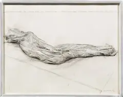 PACKED GIRL (PROJECT FOR WRAPPING A GIRL FOR TEMPORARY ACTIVITY AT GORDON LOKSLEY HOUSE IN MINNEAPOLIS, MINNESOTA) by Christo, 1967, Collage mit Kunststofffolie, Bindfaden, Heftklammern, Ölkreide und Bleistift auf Karton, auf Masonit aufgezogen, im orig, sold Jun 2026