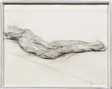Christo, PACKED GIRL (PROJECT FOR WRAPPING A GIRL FOR TEMPORARY ACTIVITY AT GORDON LOKSLEY HOUSE IN MINNEAPOLIS, MINNESOTA), 1967, Collage mit Kunststofffolie, Bindfaden, Heftklammern, Ölkreide und Bleistift auf Karton, auf Masonit aufgezogen, im originalen Rahmen
