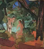 Oskar Moll, Bewaldete Landschaft mit Badenden, 1937, Öl auf Leinwand, auf Leinwand aufgezogen