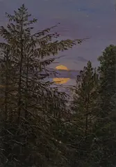 Carl Gustav Carus, Mond über Kiefern, Öl auf Papier, auf Karton