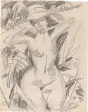Ernst Ludwig Kirchner, Kniender Mädchenakt mit Hut in Dünen, 1912, Bleistift auf Papier