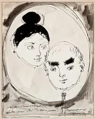 Edgar Ewing, Untitled (Caricature of Ruth and Dalzell) (2), c. 1961, Oil on panel and ink wash on paper
