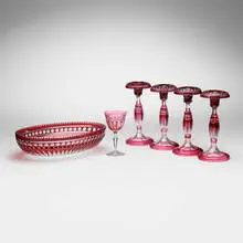 Val Saint Lambert, Collection of tableware, c. 1925, hand-cut cranberry and clear crystal