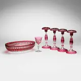 Val Saint Lambert, Collection of tableware, c. 1925, hand-cut cranberry and clear crystal