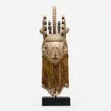 Igbo, White Maiden mask (Agbogho Mmuo), carved wood, pigment, fiber, shells