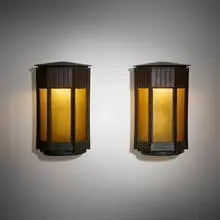 Prairie School, Exterior sconces, pair, c. 1910, bronze, textured iridescent glass
