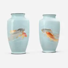 Ando Jubei, Fine vases with swimming koi, pair, moriage cloisonné enamel, silver plate
