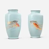 Ando Jubei, Fine vases with swimming koi, pair, moriage cloisonné enamel, silver plate