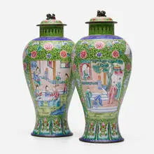 Gustav Jacob Canton, Lidded vases, pair, c. 1900, brass, enamel, cobalt and gilt trim