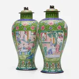Gustav Jacob Canton, Lidded vases, pair, c. 1900, brass, enamel, cobalt and gilt trim