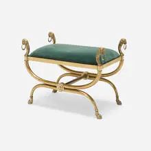 Neoclassical Style, Curule bench with lion's heads and paw feet, c. 1950, brass, upholstery