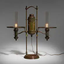 Tiffany Studios, Double-arm student lamp base, c. 1901, patinated bronze