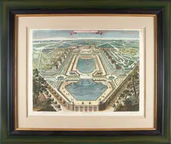 Sébastien Antoine, Veue du Chateau et Parc de Marli published by De Mortain, Paris, hand-colored engraving