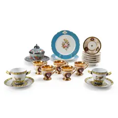Assorted Porcelain Tableware, mostly Paris, France, 19th century., One Puiforcat bowl and undertray in the Chinoiserie style with silver mounts, diam
