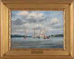 Reynolds Beal, The Harvard-Yale Race, New London, oil on canvas mounted to board