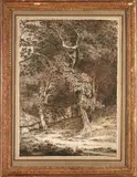 European School, A Wooded Landscape with a Hut and Figures, ink and wash on laid paper