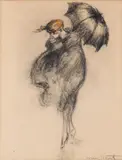 Louis Icart, A girl caught in the rain with an umbrella, pastel on paper