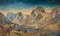 Walter Moras, Fishing Shacks on the Shore of a Mountain Lake, oil on canvas