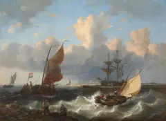 George Willem Opdenhoff, Animated Harbor Scene with Vessels Making for Safety from an Incoming Squall, oil on canvas