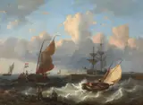 George Willem Opdenhoff, Animated Harbor Scene with Vessels Making for Safety from an Incoming Squall, oil on canvas