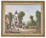 French School, 19th century, The wedding party going out of the church in Brittany, France, c. 1850, with clock and musical movement designed by Jean Marie Phalibois, oil on canvas