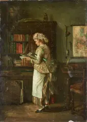 Jean Daniel Stevens, A Young Maid Reading in the Library, oil on canvas