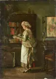 Jean Daniel Stevens, A Young Maid Reading in the Library, oil on canvas