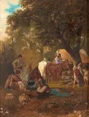 Franz Quaglio, Travelers Camping for the Evening, oil on panel
