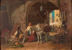 Franz Quaglio, Buying Fruit at the Market, oil on panel