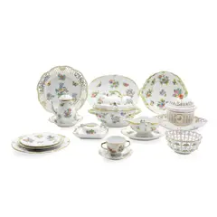 Herend, "Queen Victoria" Pattern Part Dinner Service, polychrome enameled and gilded with flowers and butterflies, including covered tureen, handle to handle lg