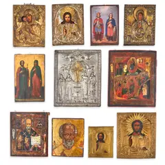 Russian School 19th century, A Set of 10 Russian Icons, tempera on wood panel, 2 with gilt, 5 with embossed vermeil and brass riza