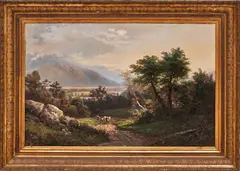 Herding Cattle Along a Mountain Path by C. Sommers, oil on canvas, sold Mar 2024