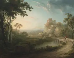 Abraham Pether, An extensive landscape with a horseman crossing a bridge over a river commanded by a castle on a craig, oil on canvas