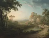 Abraham Pether, An extensive landscape with a horseman crossing a bridge over a river commanded by a castle on a craig, oil on canvas