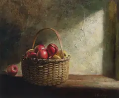 Adolf Sehring, A still life of a woven basket filled with apples