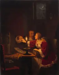 Hendrik Ringeling, A couple in candlelight, oil on panel