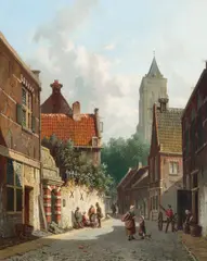 Adrianus Eversen, A Dutch street scene in summer, oil on panel