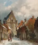 Adrianus Eversen, A Dutch street scene in winter, oil on panel