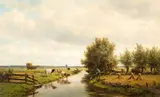 Willem Vester, Cows watering in a polder landscape, oil on canvas