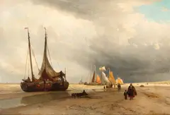 Willem Antonie van Deventer, A coastal landscape with boats ashore, oil on canvas