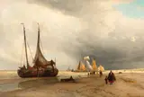 Willem Antonie van Deventer, A coastal landscape with boats ashore, oil on canvas